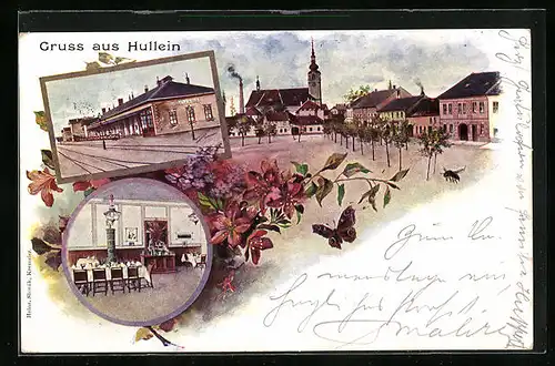 Lithographie Hullein, Blick auf den Bahnhof, Panorama