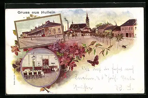Lithographie Hullein, Blick auf den Bahnhof, Panorama
