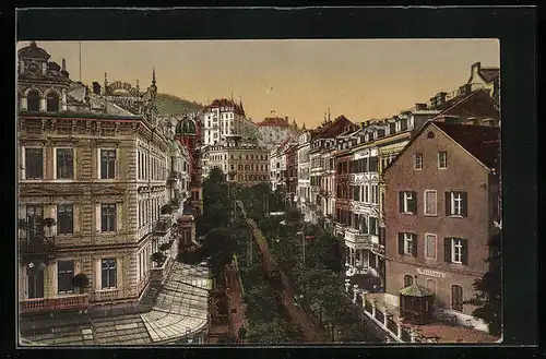 AK Karlsbad, Untere Parkstrasse mit Synagoge