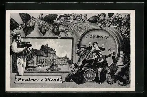 AK Plzen, Biertrinkende Männer mit Riesen Fass, Hopfenanbau