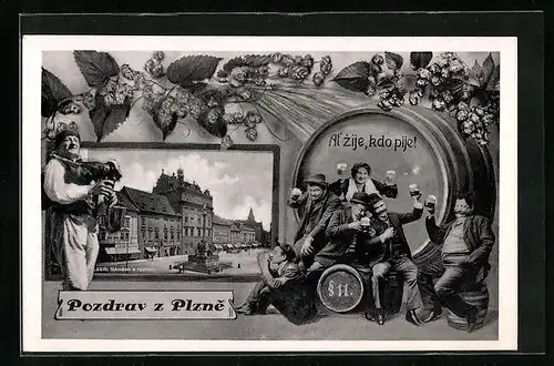 AK Plzen, Männer mit Bierkrügen in der Hand, Hopfenanbau