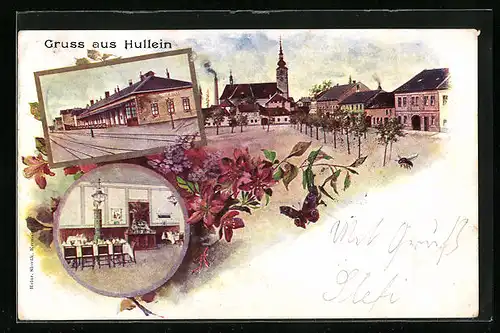 AK Hullein, Bahnhof, Marktplatz mit Kirche, Schmetterling