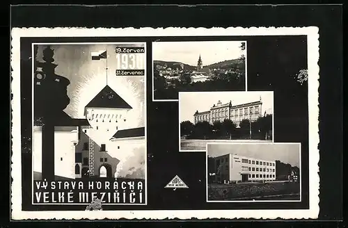 AK Velke Mezirici, Vystava Horacka, Kostel, Skola, Ausstellung