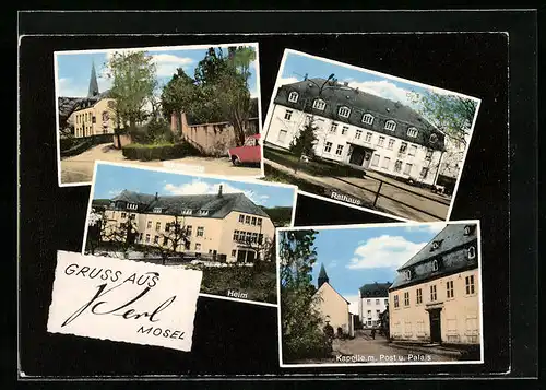 AK Perl /Mosel, Heim, Rathaus, Kapelle mit Post u. Palais