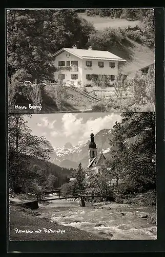 AK Ramsau, Pension Haus Georgi, Uferpartie mit Kirche und Reiteralpe