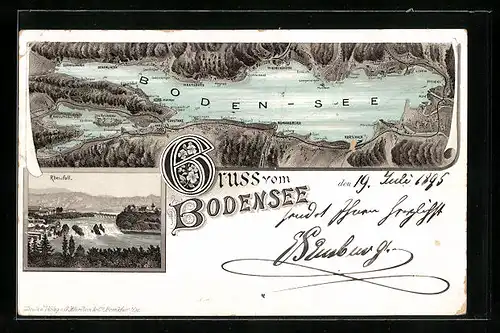 Vorläufer-Lithographie Lindau / Bodensee, 1895, Karte vom Bodensee
