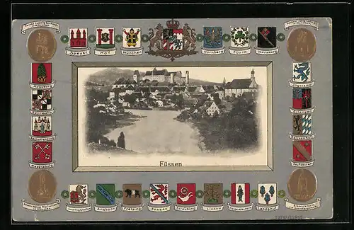 Präge-AK Füssen, Panoramaansicht, Verschiedene Wappen