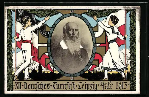 AK Leipzig, XII. Deutsches Turnfest 1913, Turner mit Bildnis von Turnvater Jahn