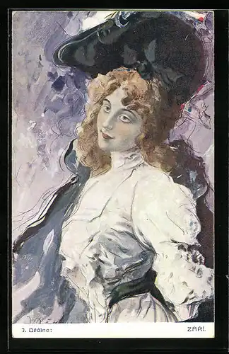 Künstler-AK sign. Dedina: Zári, Sinnliche Schöne mit rotem Haar, Jugendstil