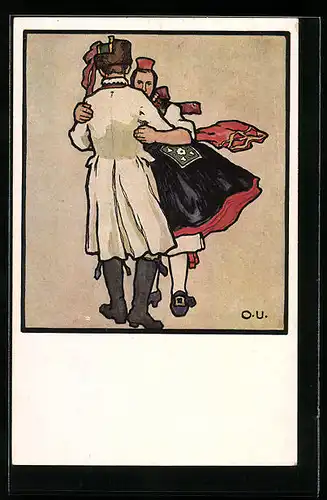 Künstler-AK Otto Ubbelohde: Paar in hessischer Tracht beim Tanz