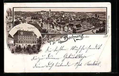 Lithographie Backnang, Panorama und Amtsgericht