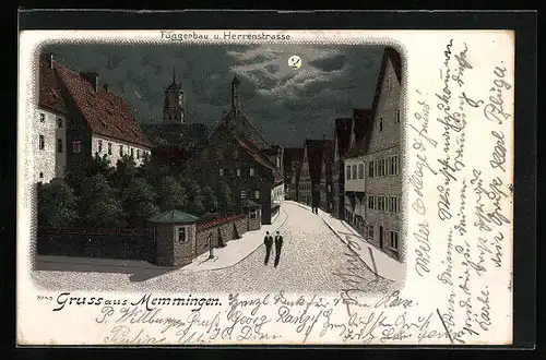 Mondschein-Lithographie Memmingen, Zwei Passanten auf der Herrenstrasse