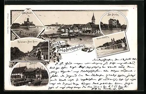 Vorläufer-Lithographie Friedrichshafen a. B., 1895, Hotel Krone an der Karlstrasse, Bahnhof