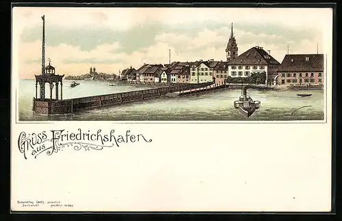 Lithographie Friedrichshafen, Dampfer an der Hafenpartie