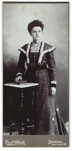 Fotografie Emil Schröter, Spandau, Breitestrasse 32, junge Frau in Kleid mit hohem Kragen