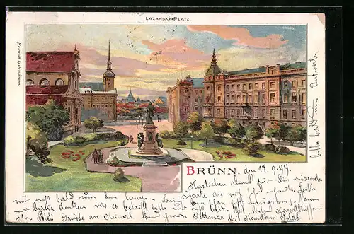 Lithographie Brünn / Brno, Lazansky-Platz bei Abendstimmung