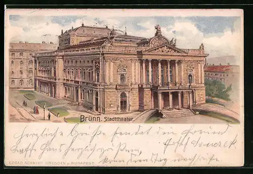 Lithographie Brünn / Brno, Darstellung vom Stadttheater