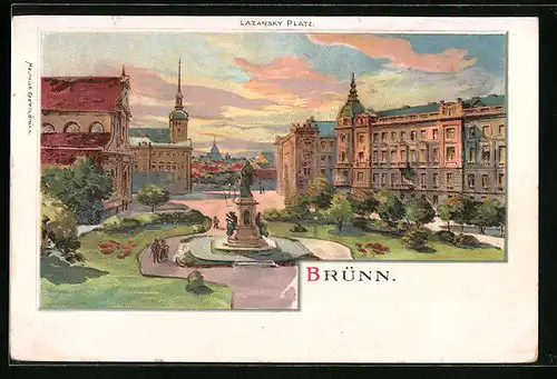 Lithographie Brünn / Brno, Abendstimmung am Lazansky Platz
