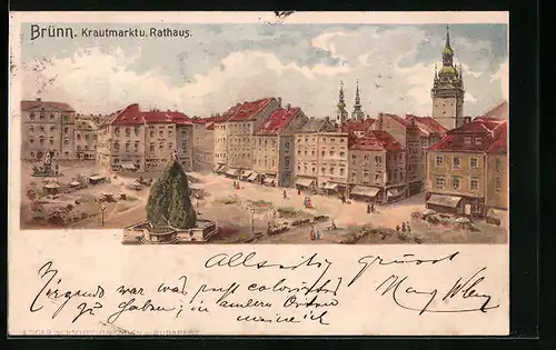 Lithographie Brünn / Brno, Krautmarkt und Rathaus