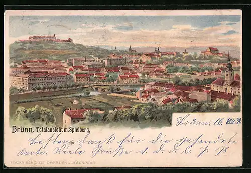 Lithographie Brünn / Brno, Totalansicht mit Spielberg