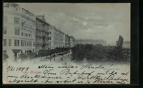 Mondschein-AK Brünn / Brno, Gebäude an der Bahnringstrasse