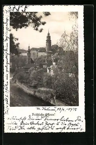 AK Krumau / Cesky Krumlov, Panorama, Ostergrüsse