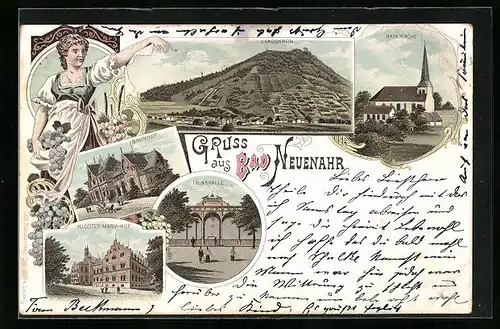 Lithographie Bad Neuenahr, Bahnhof, Trinkhalle, Kloster Maria-Hilf