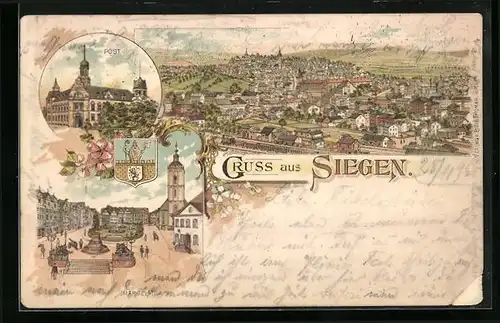 Lithographie Siegen, Marktplatz, Post, Panorama