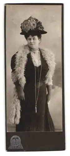 Fotografie Hermann Tietz, Berlin, Leipzigerstr. 46-50, Portrait Dame im Biedermeierkleid mt Federboa und Hut, Halskette