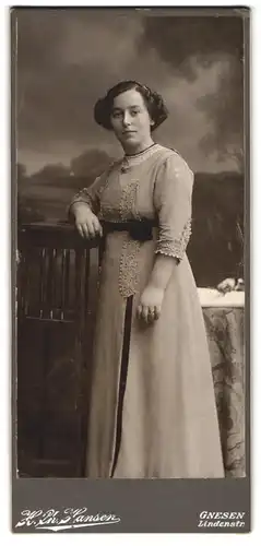 Fotografie H. Ch. Hansen, Gnesen. Lindenstr., Portrait junge Frau im bestickten Kleid mit welligen Haaren