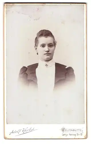 Fotografie Adolf Herbst, Wolfenbüttel, Lange Herzog Str.19, Junge modische Frau in Puffärmelkleid mit Brosche