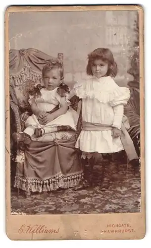 Fotografie E. Williams, Hawkhurst, Highgate, Kleines Mädchen im weissen Kleid und Kleinkind