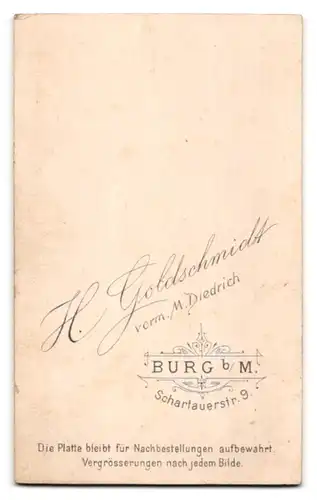 Fotografie H. Goldschmidt, Burg /Magdeburg, Schartauerstrasse 9, Mann mit Seitenscheitel und Oberlippenbärtchen