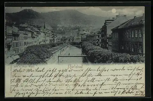 Mondschein-AK Karlsbad, Alte- und Neue Wiese