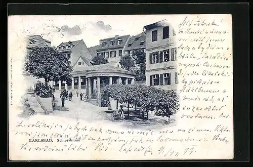 AK Karlsbad, Passanten am Schlossbrunnen