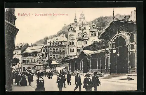 AK Karlsbad, Marktplatz mit Marktbrunnen