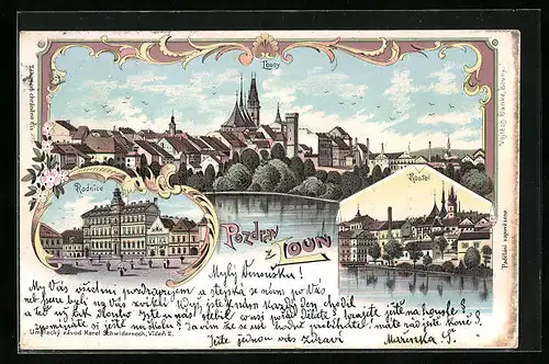 Lithographie Laun / Louny, Radnice, Kostel, Panorama