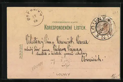 Lithographie Laun / Louny, Radnice, Kostel, Panorama