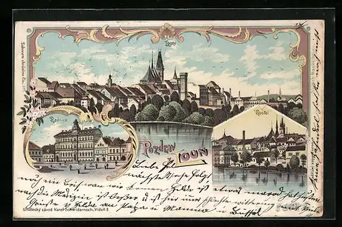 Lithographie Laun / Louny, Radnice, Kostel, Panorama
