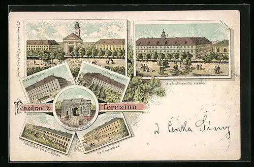 Lithographie Theresienstadt / Terezin, Paradni namesti, C. a. k. zakopnicka budova, velke kasarny
