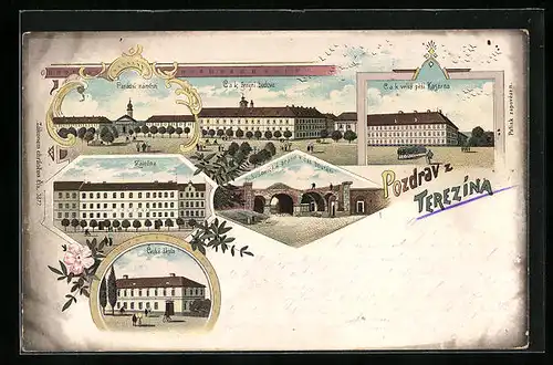 Lithographie Theresienstadt / Terezin, Paradni namesti, Zenijni budova, velka pesi Kasarna, Ceska skola