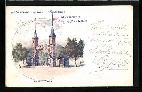 Künstler-AK Pardubice, Vychodoceska vystava 1903, Vystavni brana, Ausstellung