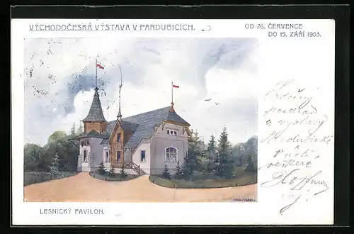 Künstler-AK Pardubice, Vychodoceska vystava 1903, Lesnicky Pavilon, Ausstellung