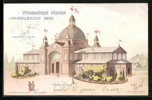 Künstler-AK Pardubice, Vychodoceska vystava 1903, Prumyslova Palac, Ausstellung