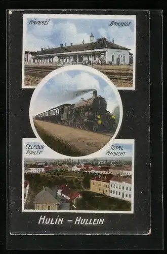AK Hullein /Hulín, Totalansicht, Bahnhof, Dampflokomotive