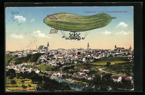 AK Znaim, Zeppelingurke über der Stadt von der Nordwestbahnbrücke aus