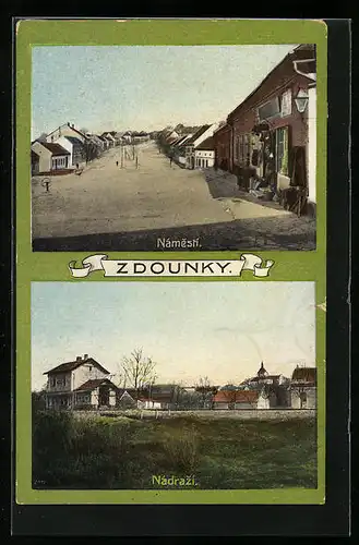 AK Zdounky, Nadrazi, Namesti, Bahnhof