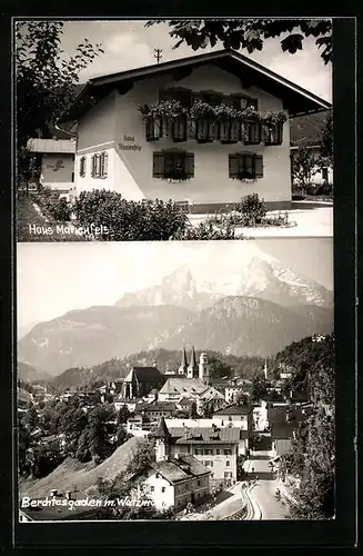 Foto-AK Berchtesgaden, Totalansicht mit Watzmann, Hotel Haus Marienfels