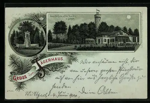 Mondschein-Lithographie Stuttgart, Gasthaus Jägerhaus, Hasenberg, Hauff-Denkmal