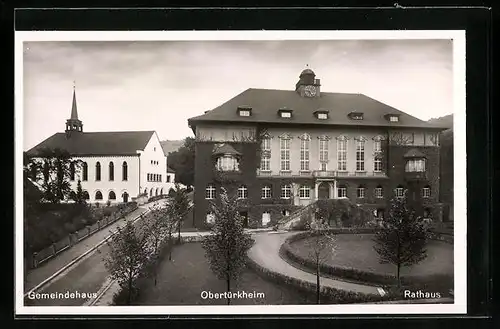 AK Obertürkheim, Strassenpartie mit Gemeindehaus und Rathaus